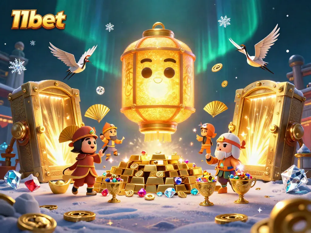 Experience the thrill of 11bet with vibrant casino elements and golden treasures in a dynamic 3D scene.