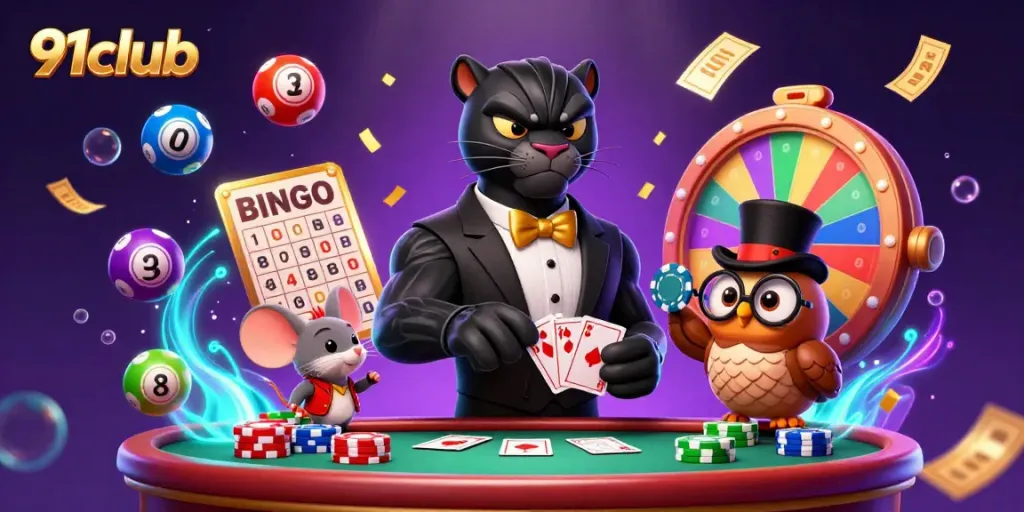 Engage with 91club's vibrant 3D casino scene featuring colorful games and charming characters.