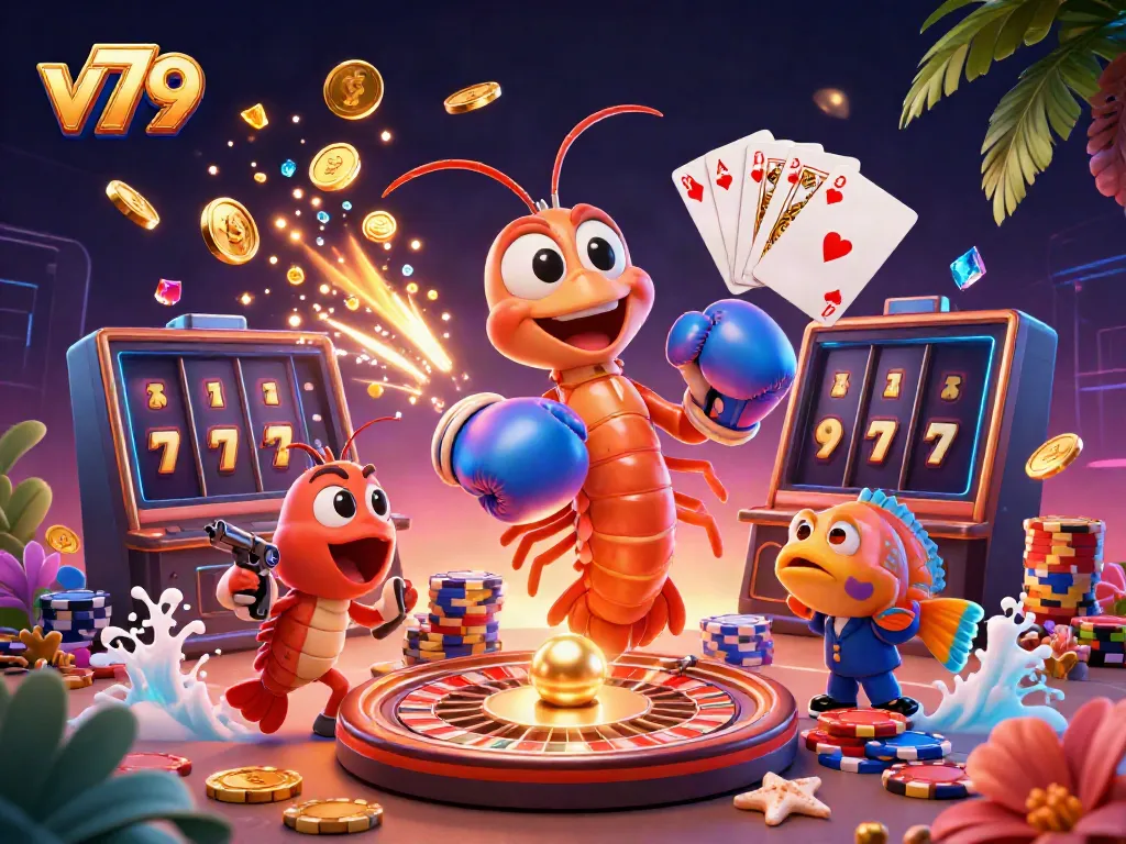 Witness the thrilling gaming action at v79 with an animated shrimp duo celebrating alongside rich casino rewards.
