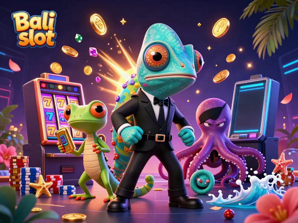 Experience the thrill of the Bali slot scene featuring animated characters and vibrant casino elements.