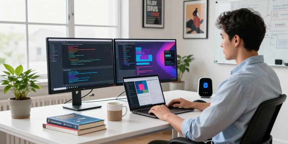 Build internal tools with AI in a modern software workspace, featuring a developer coding with vibrant displays and natural light.