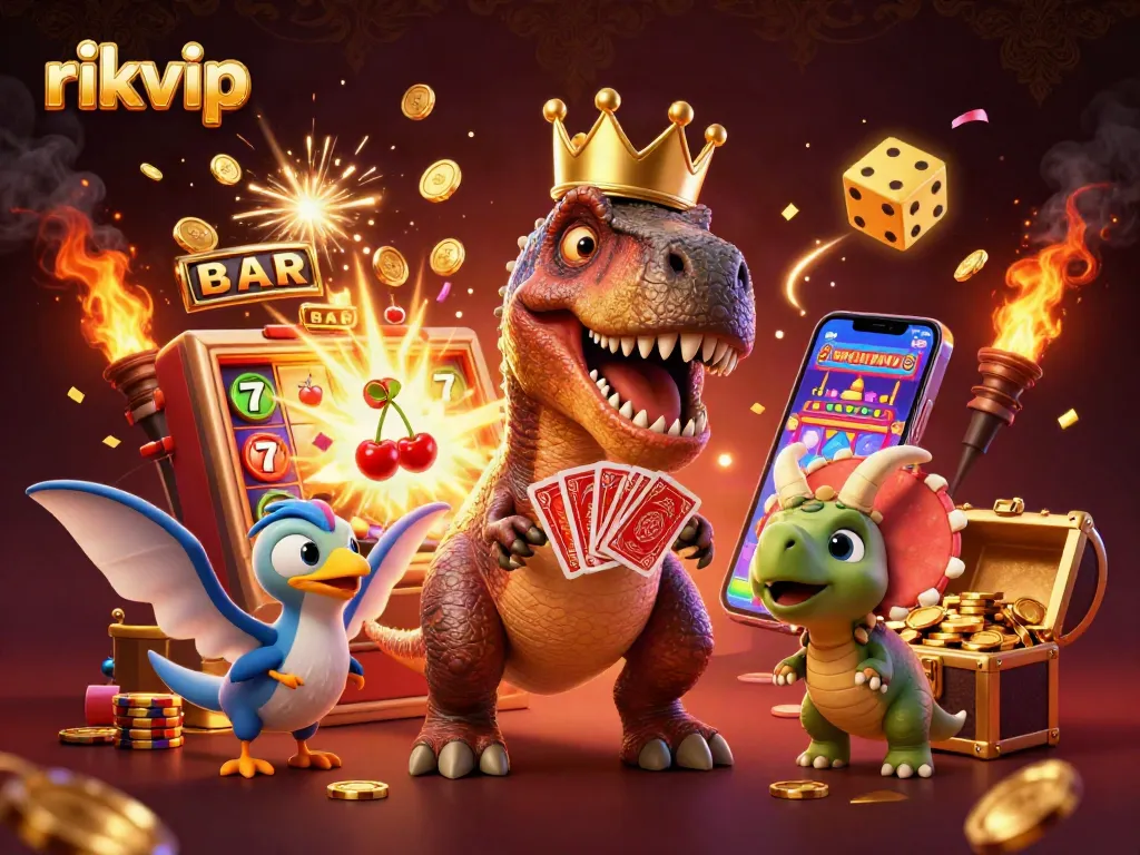 rikvip card game experience with vibrant T-Rex, pterodactyl, and triceratops amidst casino excitement