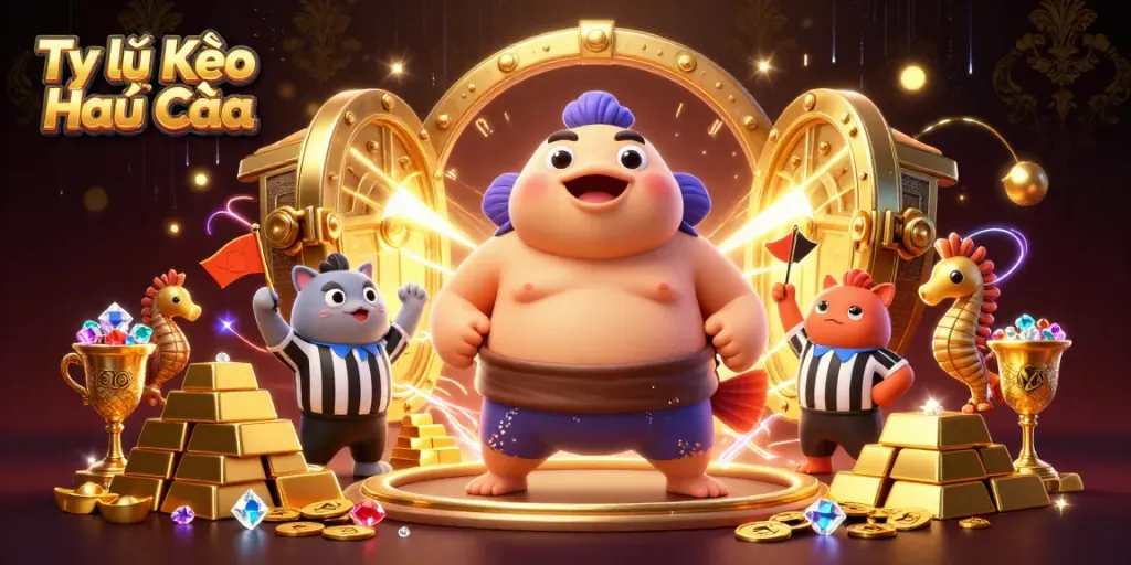 Engaging scene of Tỷ lệ Kèo Nhà Cái with a fugu fighter and catfish referee surrounded by treasures and betting elements.