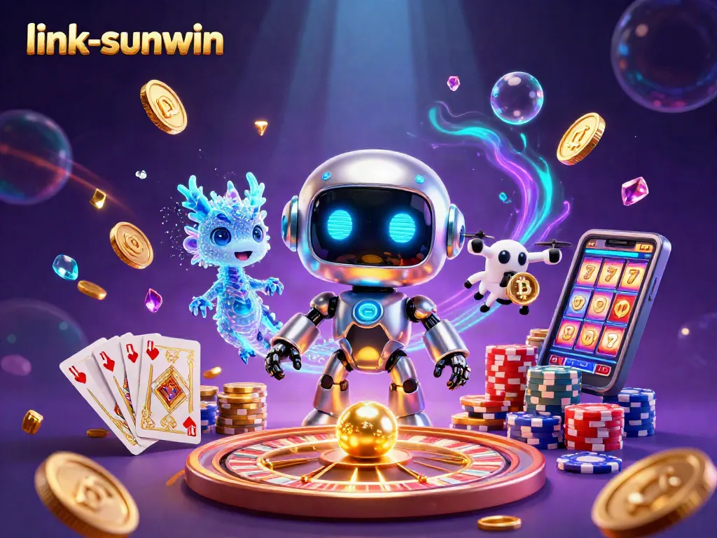 Engage with exciting bets at link-sunwin, featuring a vibrant 3D casino scene with game elements.