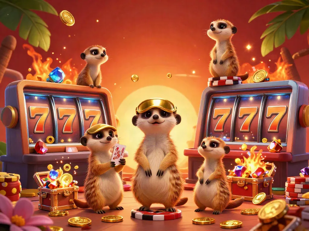 KP88 meerkats control a lively casino with slot machines, chips, and treasure.