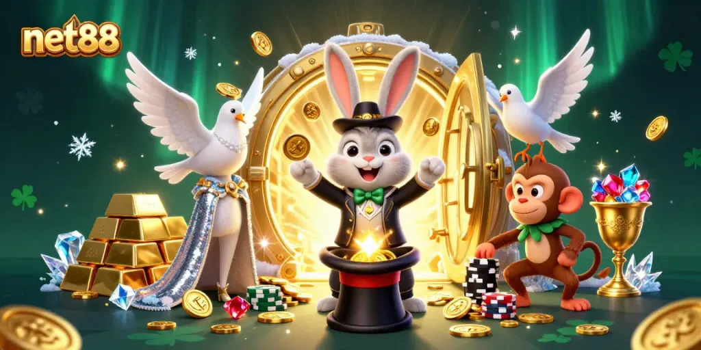 Experience net88's thrilling casino atmosphere with a magical rabbit and lots of winning symbols.