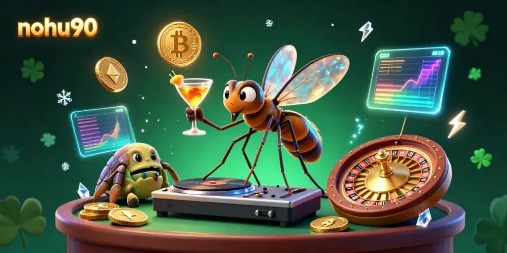 Nohu90 casino-themed illustration featuring a mosquito mascot and a trilobite DJ with cryptocurrency elements.