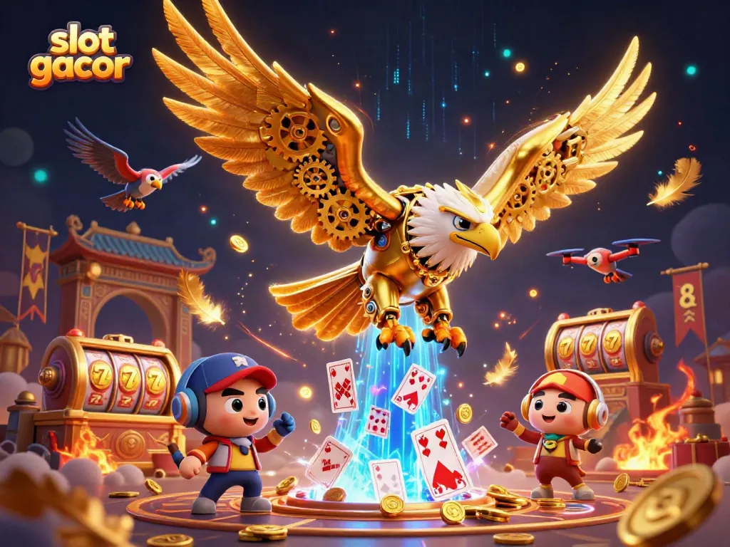 Experience slot gacor thrills with dynamic 3D illustration showcasing jackpot excitement and immersive gaming elements.