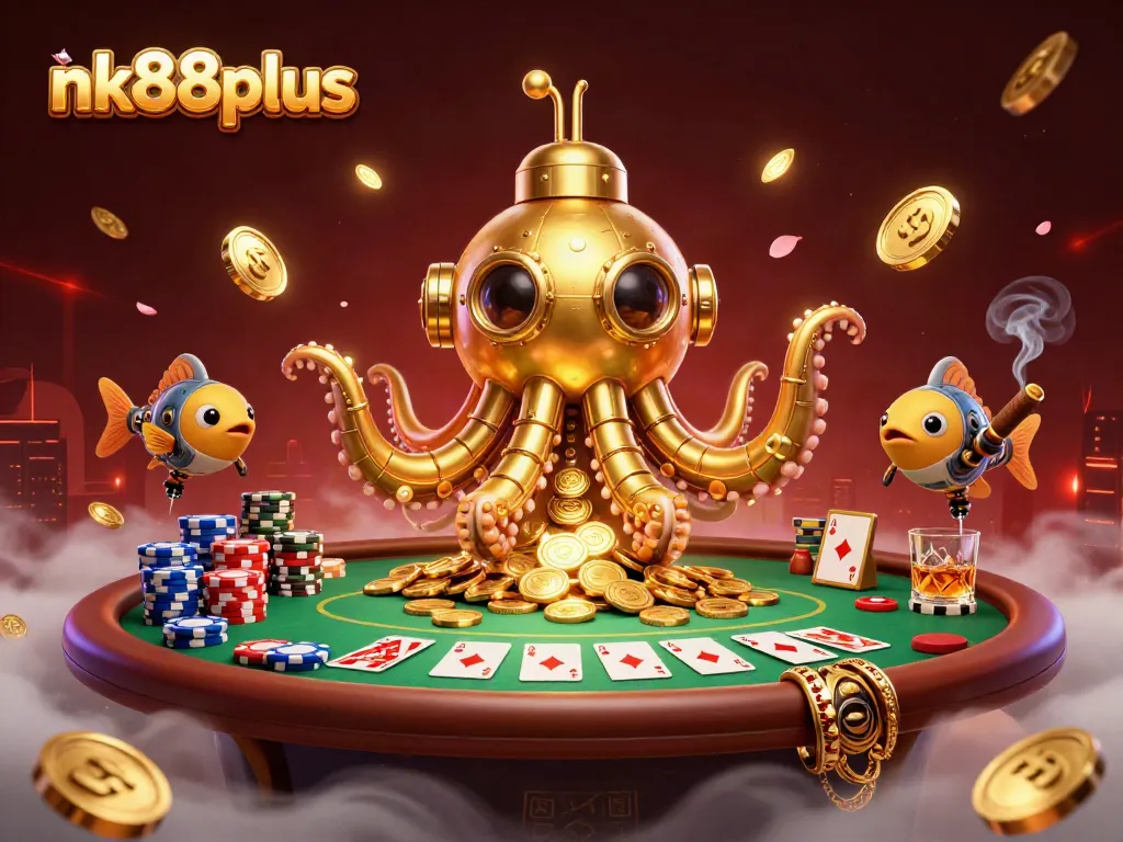 Engage with nk88plus through this vibrant casino scene featuring a kraken submarine amidst golden coins.