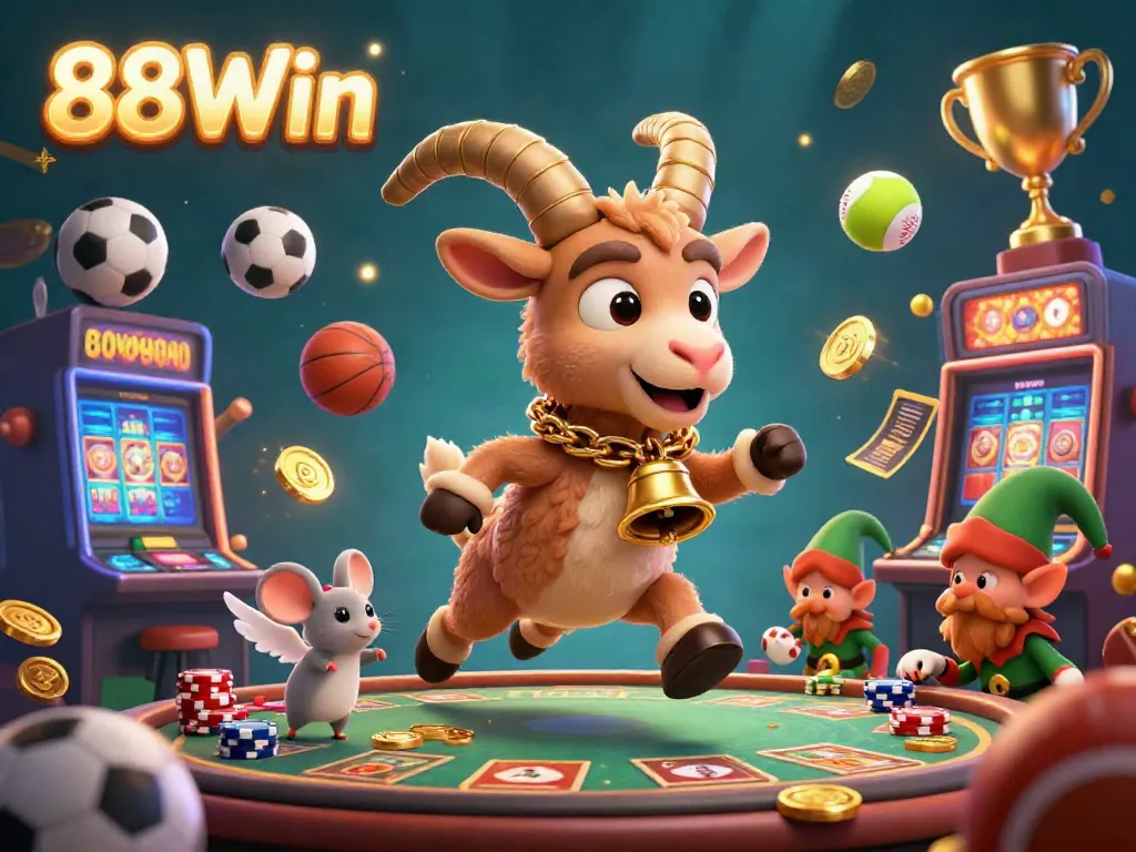 Experience festive gambling excitement with vibrant characters and dynamic elements in 88Win casino.
