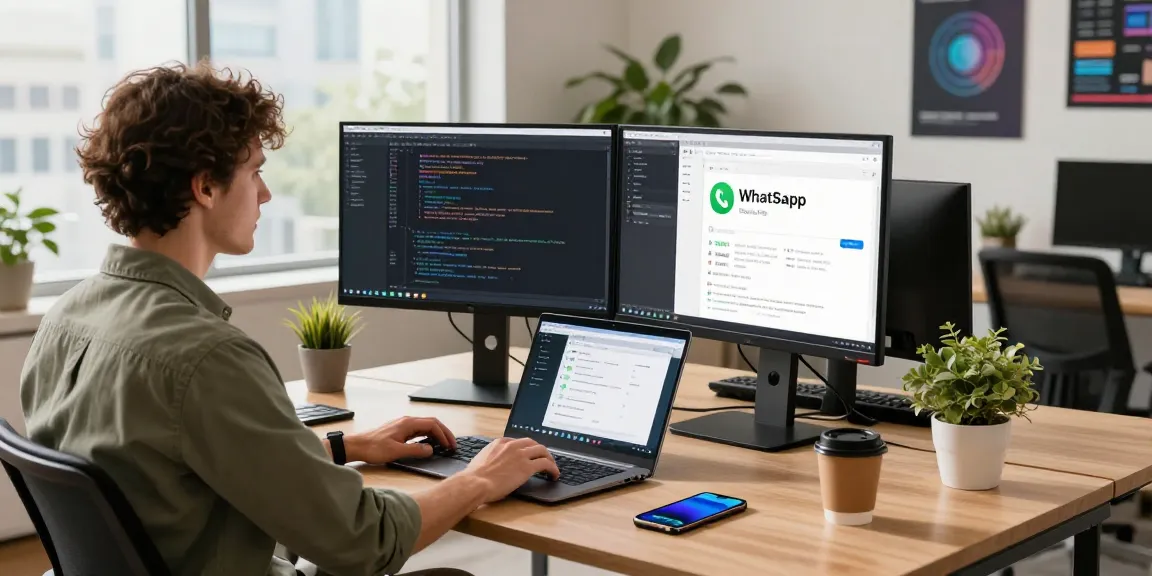 WhatsApp下載 on a developer's dual monitor setup in a modern office space.