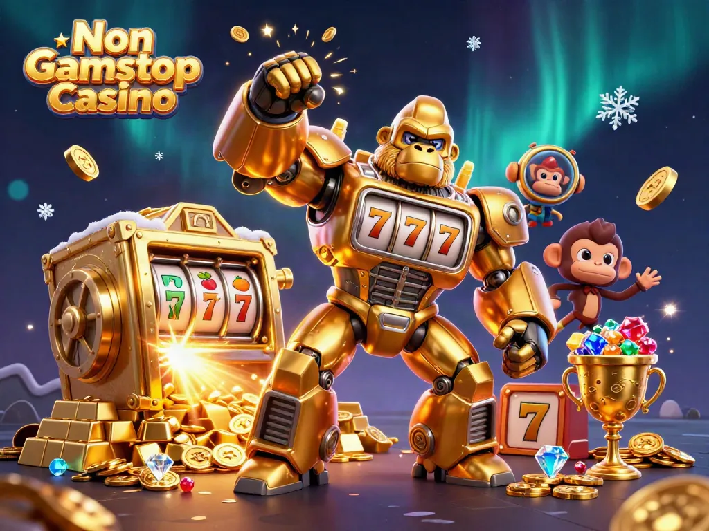 Engage with the Non Gamstop Casino scene featuring a powerful golden gorilla mech amidst dynamic slot game elements.