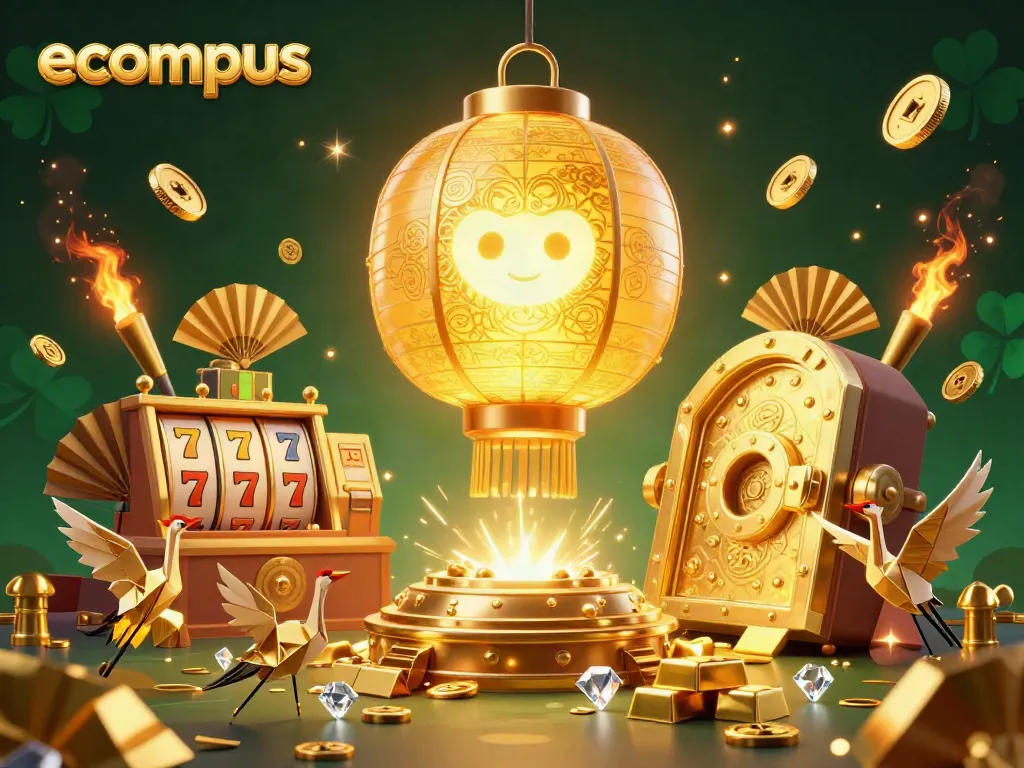 Engage with the vibrant ecompus casino scene, featuring a golden lantern spirit amidst slot reels and treasures.