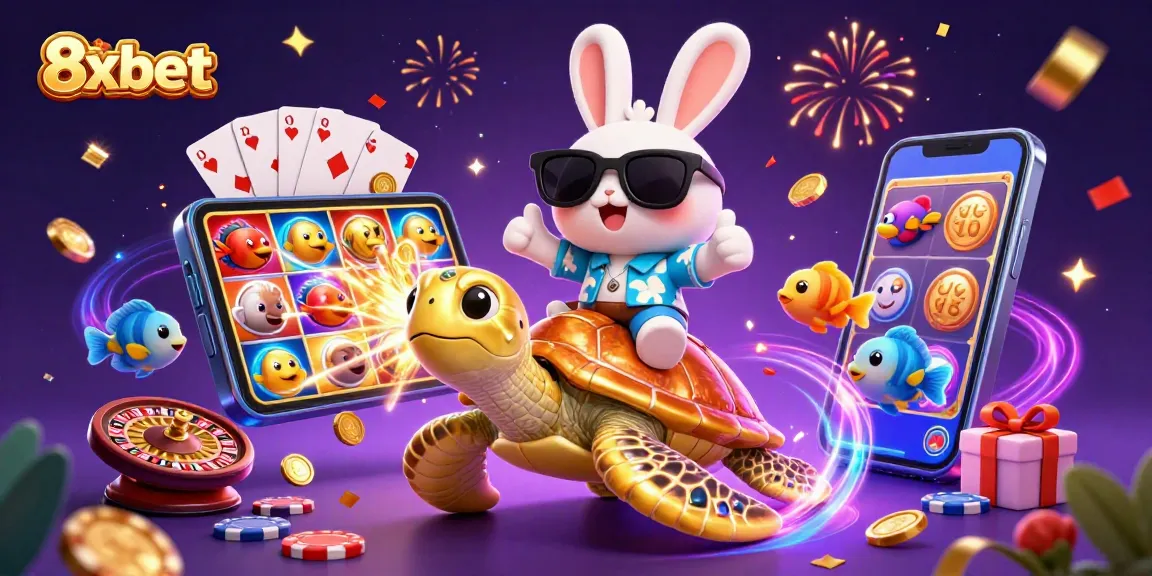 Spin the reels and win big with 8xbet's exciting slot games in this vibrant 3D illustration.