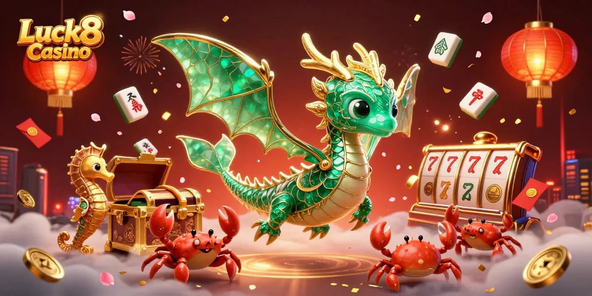 Experience the excitement of Luck8 Casino with vibrant 3D illustrations of a sea dragon and treasure