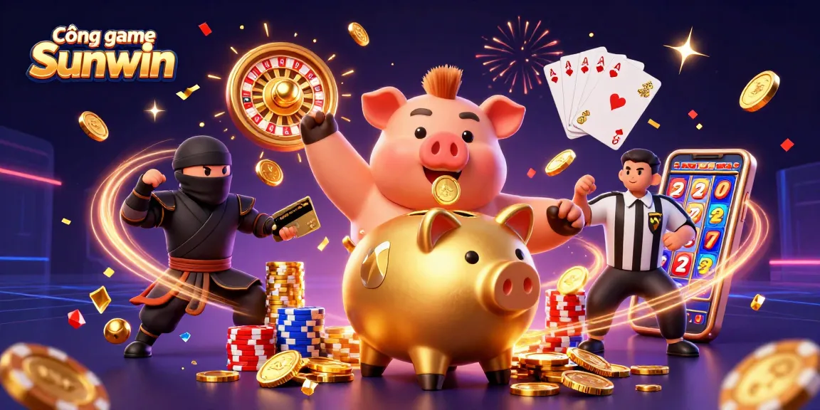 Cổng game Sunwin features a dynamic scene with colorful casino elements, golden coins, and engaging characters.