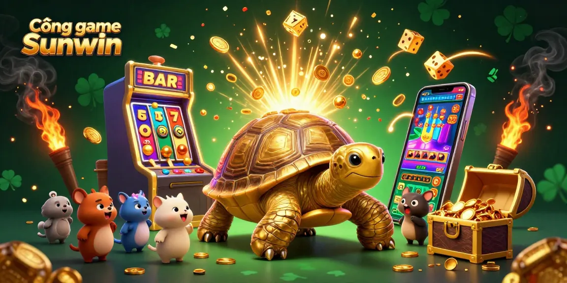 Cổng game Sunwin showcases exciting gameplay with vibrant 3D elements featuring golden tortoises and slot machines.