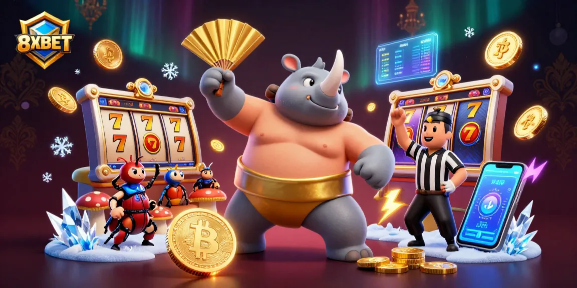 Experience thrilling wins with 8XBET in an exhilarating sumo beetle casino scene filled with gold coins and game excitement.