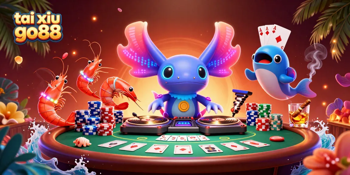 Engage with tai xiu go88's vibrant underwater party scene featuring dynamic characters and poker elements.