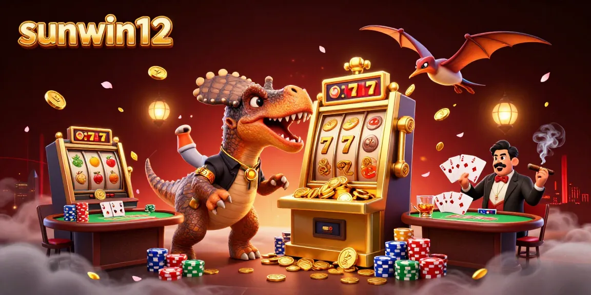 Experience a jackpot thrill as sunwin12 players engage with a slot machine and flying coins.