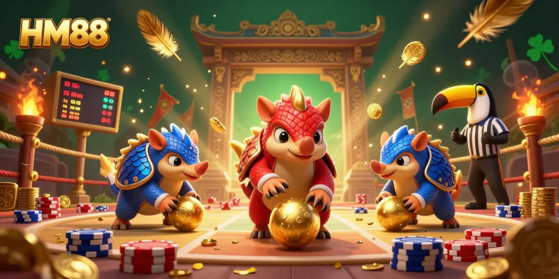 HM88 pangolins compete in a dynamic casino scene, rolling poker chips and golden balls.