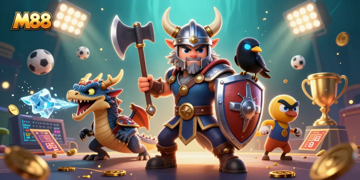 M88 engages players with thrilling sports betting experiences, showcasing dynamic characters and gambling action.