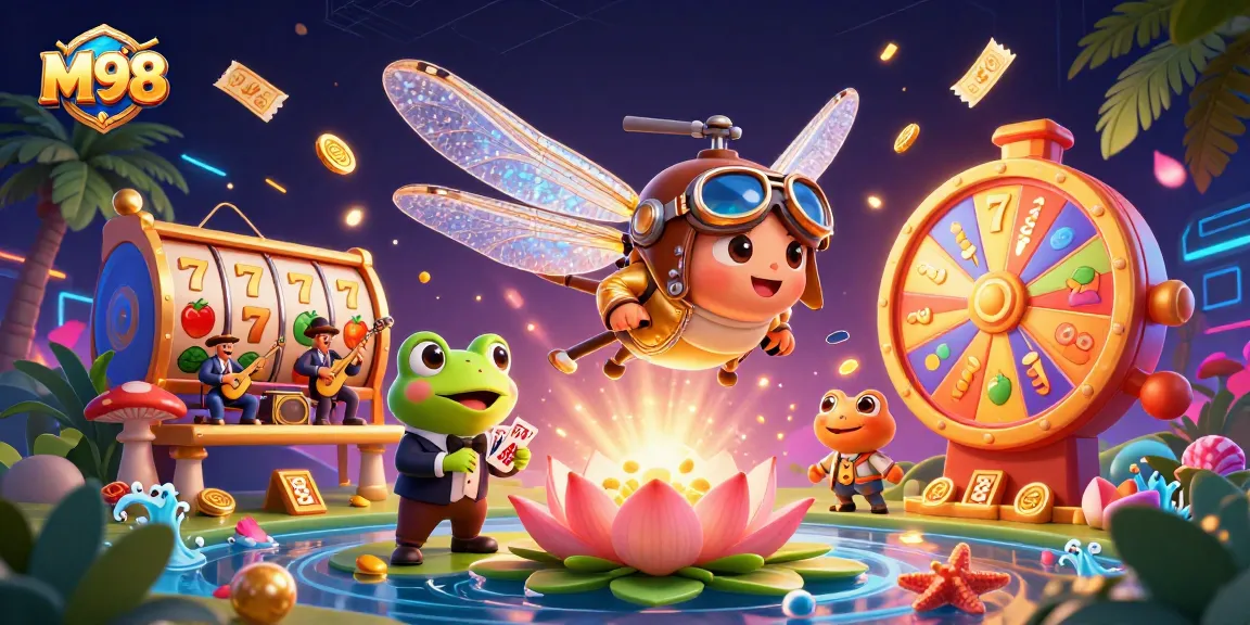 M98 offers thrilling gaming action with a vibrant scene of a dragonfly pilot, frog croupier, and jazzy cricket musicians.