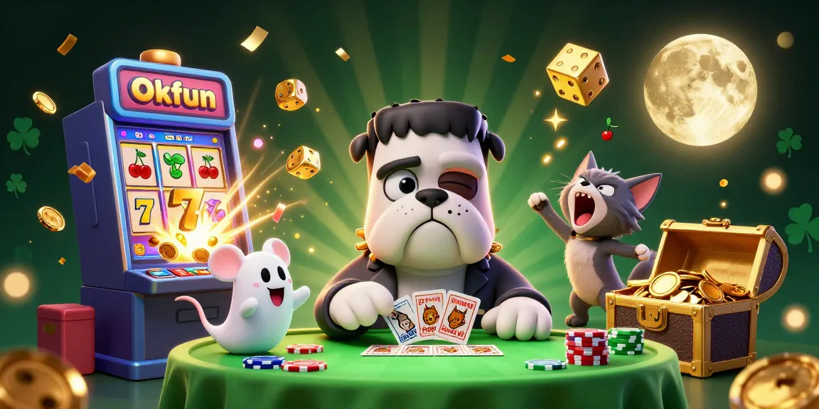 Engage with Okfun's casino experience featuring a colorful and lively 3D illustration of characters at a casino table.