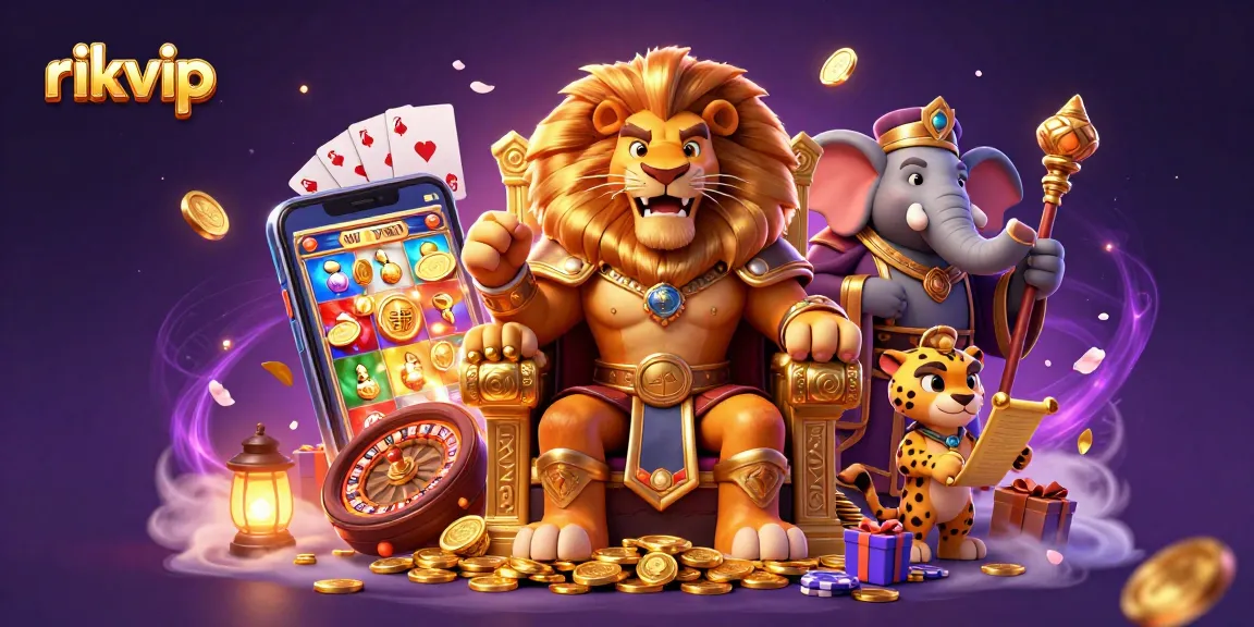 Play slot games and win with rikvip, featuring a lion king and dynamic casino elements.