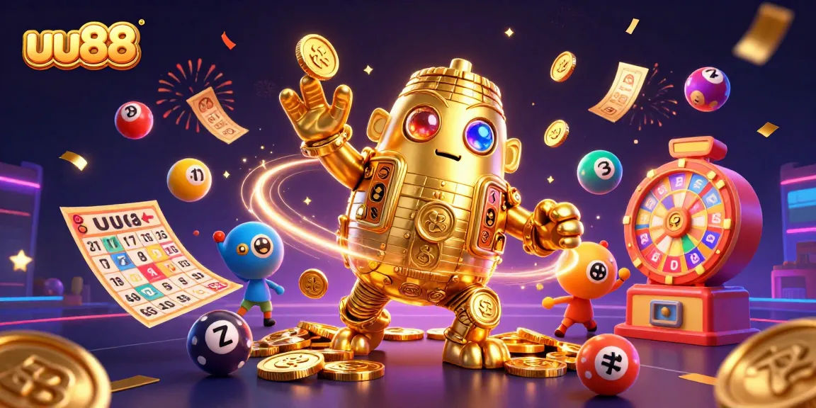 Experience thrilling bets with uu88's golden golem and vibrant game elements in this dynamic casino scene.