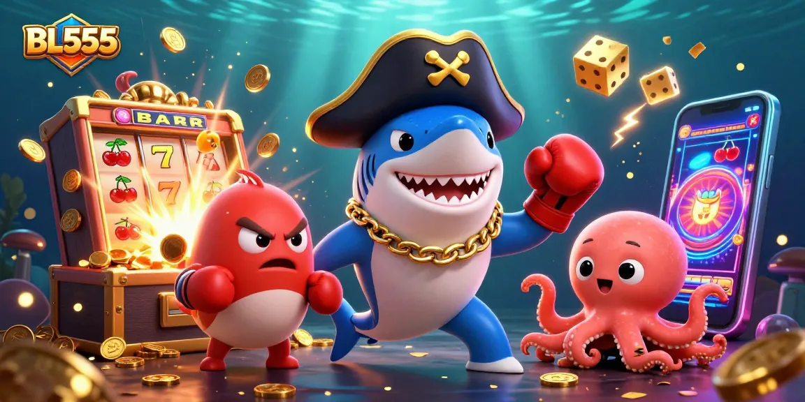 Experience thrilling gaming action with BL555's vibrant casino scene featuring a pirate shark, pufferfish, and octopus.