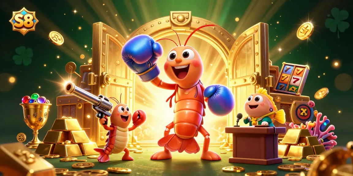 S8 offers exciting gambling opportunities with vibrant characters, gold coins, and slot elements in a 3D casino scene.